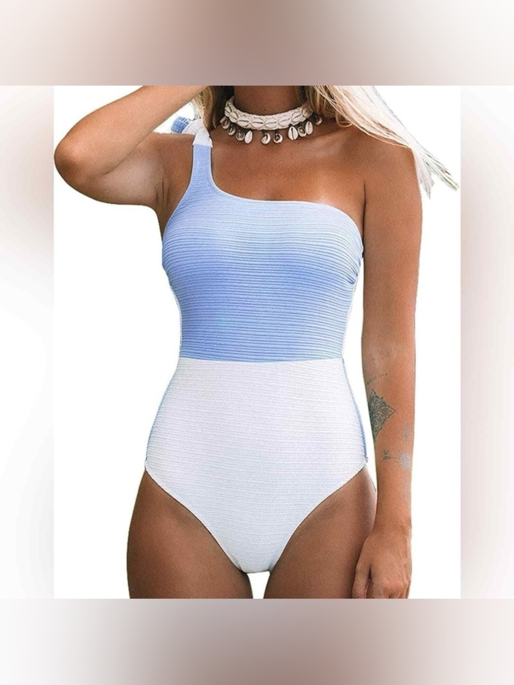 Cupshe textured Baby blue & white halter one piece swimsuit
